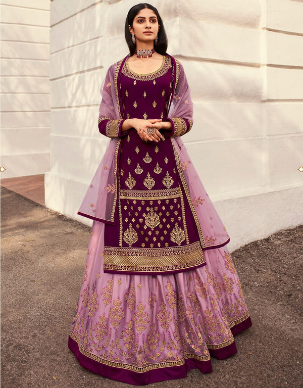 Purple Lehenga style Suits Georgette Salwar Kameez in Embroidery, Stones & Lace Work