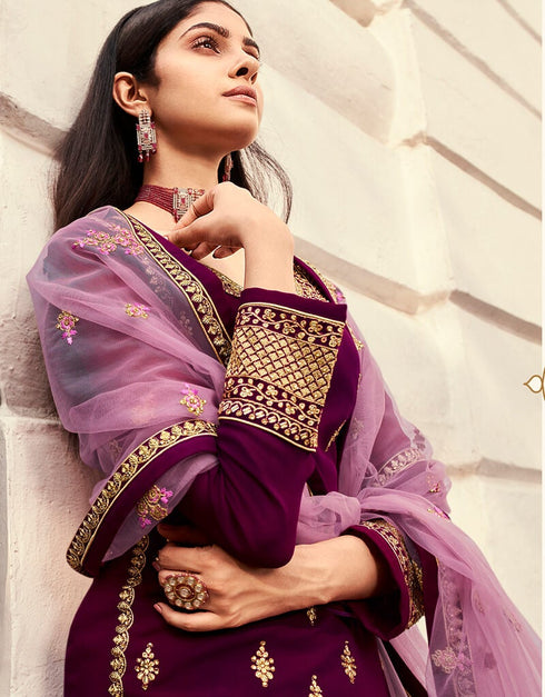 Purple Lehenga style Suits Georgette Salwar Kameez in Embroidery, Stones & Lace Work Closure View Embroidery