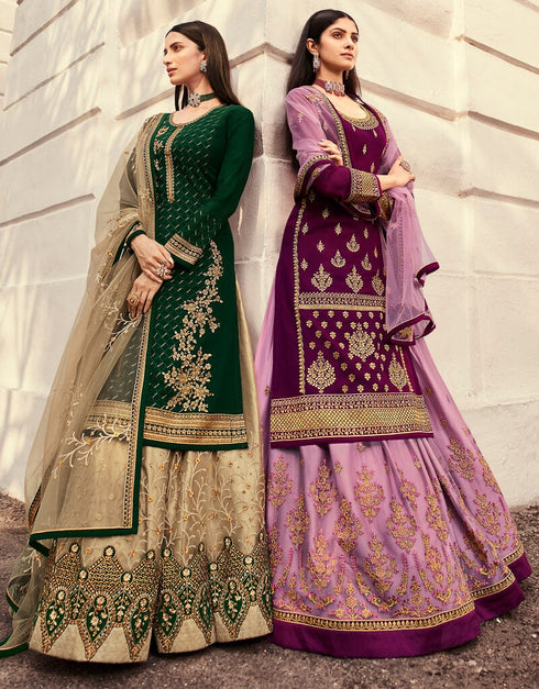 Purple Lehenga style Suits Georgette Salwar Kameez in Embroidery, Stones & Lace Work Closure View Embroidery Back side View