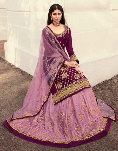 Purple Lehenga style Suits Georgette Salwar Kameez in Embroidery, Stones & Lace Work Closure View