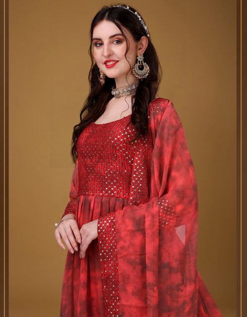 Pale Red Foux Georgette Pant Anarkali Closure View