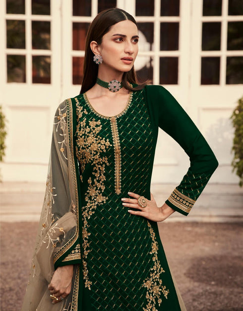 Bottle Green Lehenga style Suits Georgette Salwar Kameez in Embroidery, Stones & Lace Work Closure View