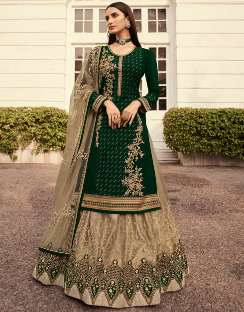 Bottle Green Lehenga style Suits Georgette Salwar Kameez in Embroidery, Stones & Lace Work