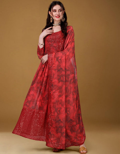 Pale Red Foux Georgette Pant Anarkali