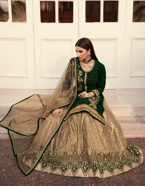 Bottle Green Lehenga style Suits Georgette Salwar Kameez in Embroidery, Stones & Lace Work Closure View Embroidery