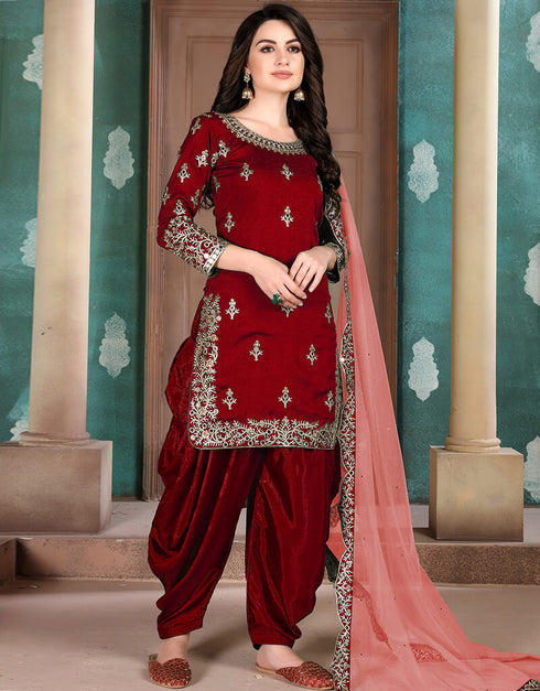Maroon Art Silk Patiyala Salwar Suit
