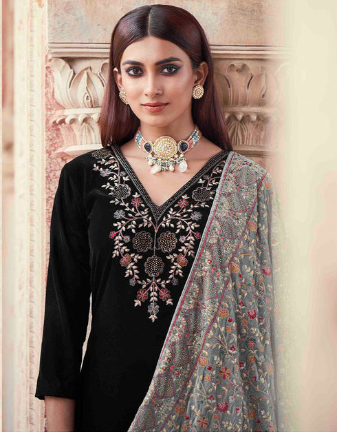 Designer Party Wear Velvet Salwar Suit Collection Woodsmoke Velvet Pant Straight Close-up View