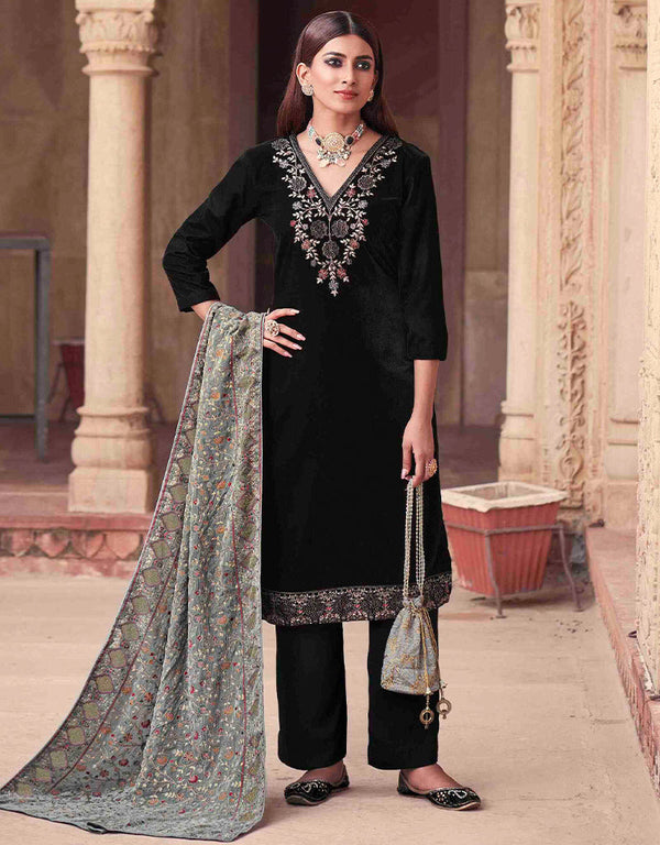 Designer Party Wear Velvet Salwar Suit Collection Woodsmoke Velvet Pant Straight Front View
