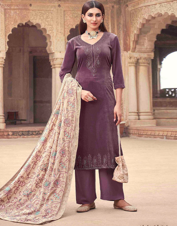 Designer Party Wear Velvet Salwar Suit Collection Tuscan Red Velvet Pant Straight Front View