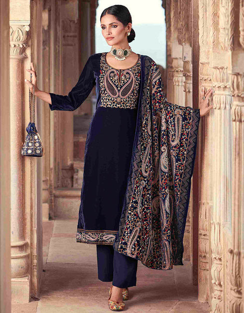Designer Party Wear Velvet Salwar Suit Collection Dark Blue Velvet Pant Straight Front View