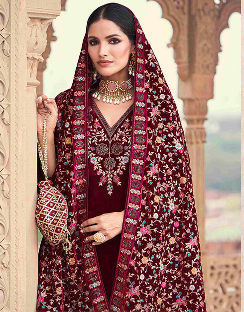 Designer Party Wear Velvet Salwar Suit Collection Dark Maroon Velvet Pant Straight Side View