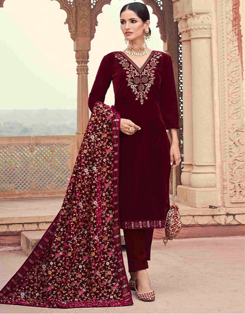 Designer Party Wear Velvet Salwar Suit Collection Dark Maroon Velvet Pant Straight Close-up View