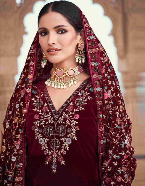 Designer Party Wear Velvet Salwar Suit Collection Dark Maroon Velvet Pant Straight Back View