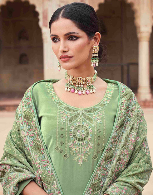 Designer Party Wear Velvet Salwar Suit Collection Frog Green Velvet Pant Straight Close-up View