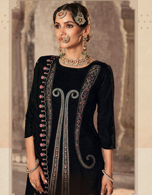 Heavy Designer Wedding Wear Velvet Salwar Suit Almost Black Velvet Pant Straight Close-up View