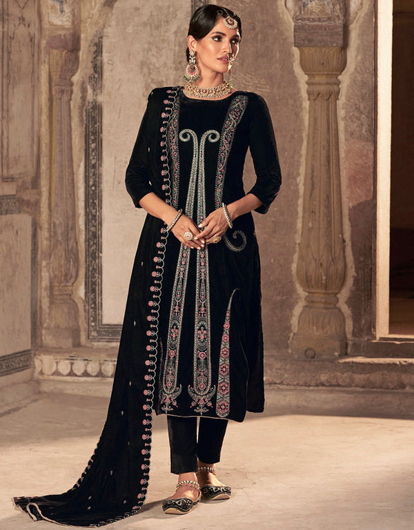 Heavy Designer Wedding Wear Velvet Salwar Suit Almost Black Velvet Pant Straight Front View