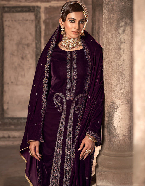Heavy Designer Wedding Wear Velvet Salwar Suit Seal Brown Velvet Pant Straight Close-up View