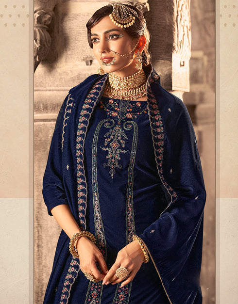 Heavy Designer Wedding Wear Velvet Salwar Suit Dark Blue Velvet Pant Straight Close-up View