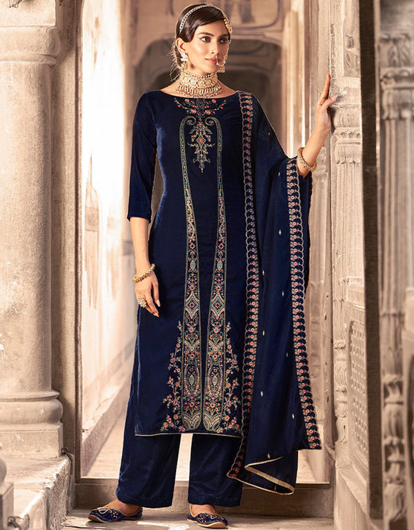 Heavy Designer Wedding Wear Velvet Salwar Suit Dark Blue Velvet Pant Straight Front View