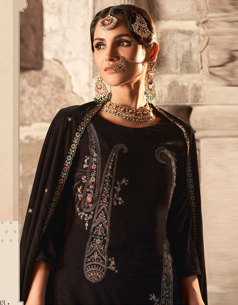 Heavy Designer Wedding Wear Velvet Salwar Suit Coffee Bean Velvet Pant Straight Close-up View