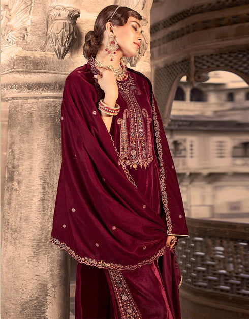 Heavy Designer Wedding Wear Velvet Salwar Suit Maroon Velvet Pant Straight Close-up View