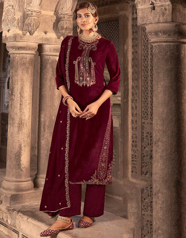 Heavy Designer Wedding Wear Velvet Salwar Suit Maroon Velvet Pant Straight Front View