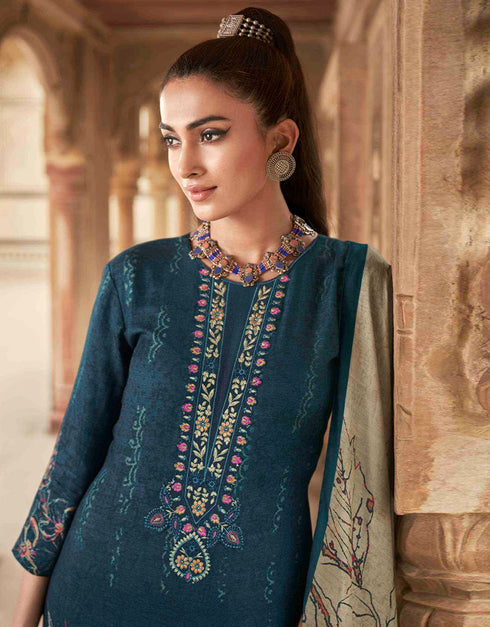 Heavy Designer Wedding Wear Viscose Pashmina Salwar Suit Nile Blue Viscose Pashmina Pant Straight Close-up View