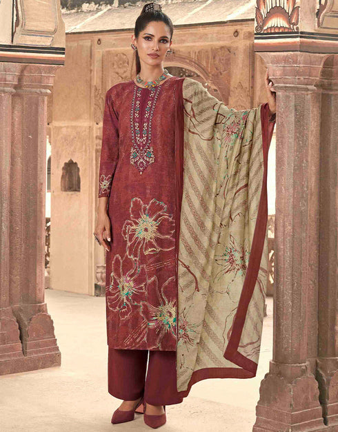 Heavy Designer Wedding Wear Viscose Pashmina Salwar Suit Light Maroon Viscose Pashmina Pant Straight Front View