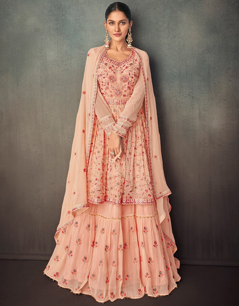 Peach Lehenga style Suit Semi-Stitched Suits Salwar Kameez in Embroidery, Foil Mirror & Lace Work