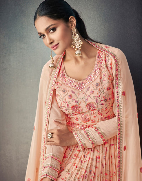 Peach Lehenga style Suit Semi-Stitched Suits Salwar Kameez in Embroidery, Foil Mirror & Lace Work Closure View