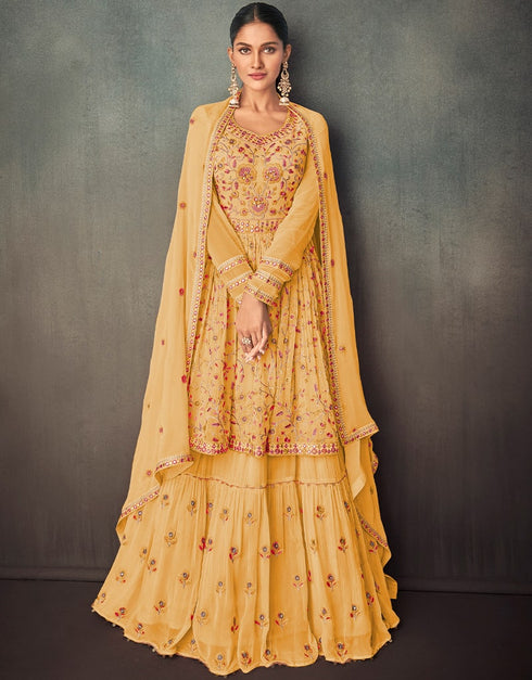 Yellow Lehenga style Suit Semi-Stitched Suits Salwar Kameez in Embroidery, Foil Mirror & Lace Work