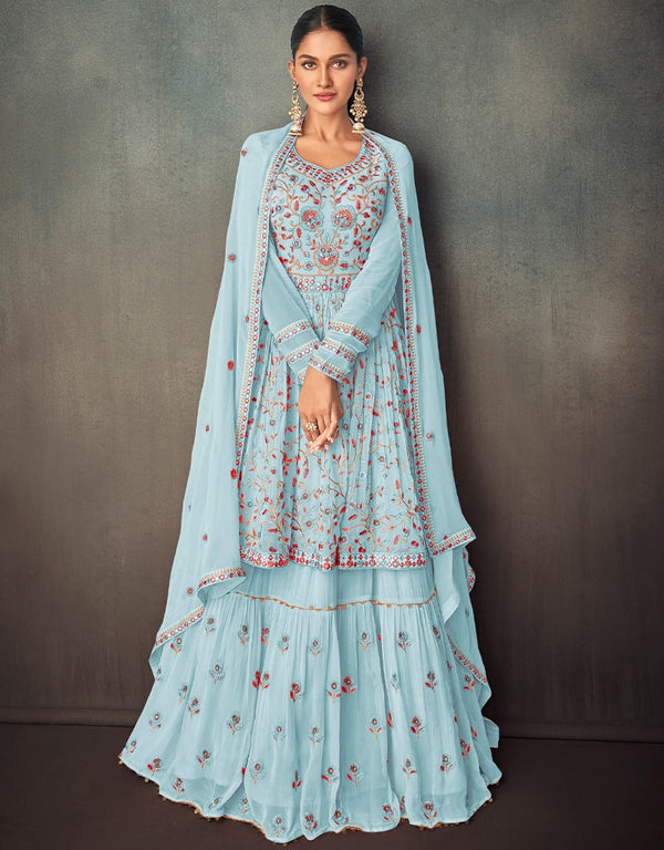 Light Sky Blue Lehenga style Suit Semi-Stitched Suits Salwar Kameez in Embroidery, Foil Mirror & Lace Work
