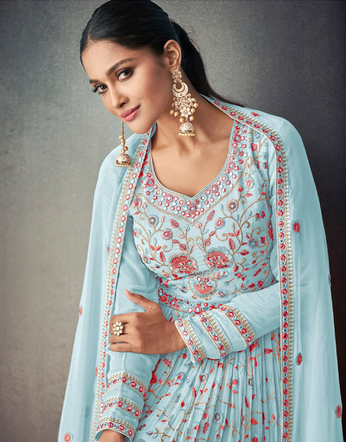 Light Sky Blue Lehenga style Suit Semi-Stitched Suits Salwar Kameez in Embroidery, Foil Mirror & Lace Work Closure View