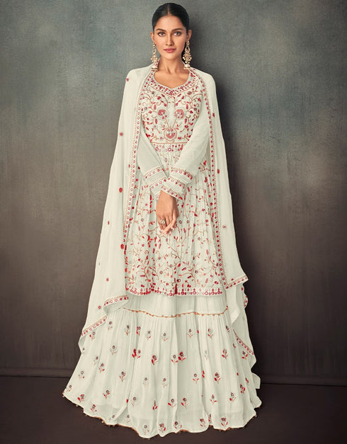 White Lehenga style Suit Semi-Stitched Suits Salwar Kameez in Embroidery, Foil Mirror & Lace Work