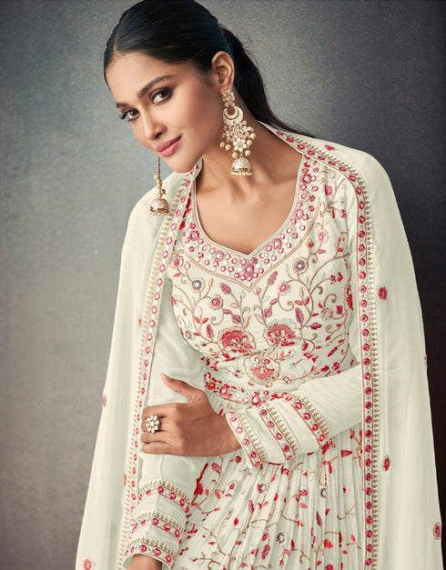 White Lehenga style Suit Semi-Stitched Suits Salwar Kameez in Embroidery, Foil Mirror & Lace Work Closure View