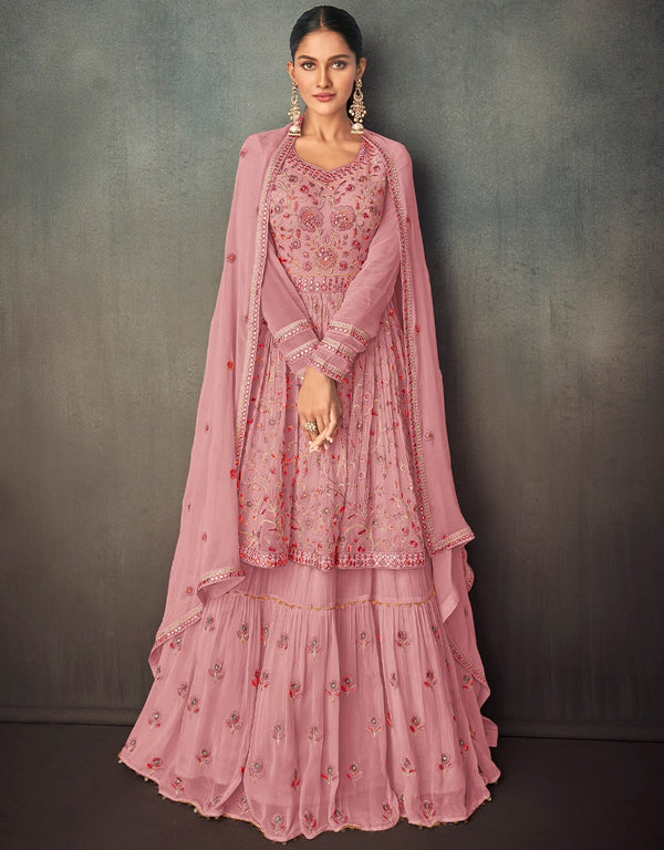 Dusty Pink Lehenga style Suit Semi-Stitched Suits Salwar Kameez in Embroidery, Foil Mirror & Lace Work