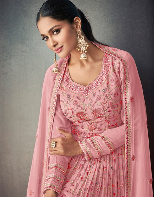 Dusty Pink Lehenga style Suit Semi-Stitched Suits Salwar Kameez in Embroidery, Foil Mirror & Lace Work Closure View