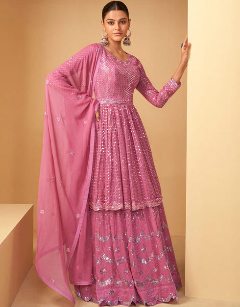 Baby Pink Lehenga style Suit Semi-Stitched Suits Salwar Kameez in Embroidery, Sequins, Foil Mirror & Lace Work