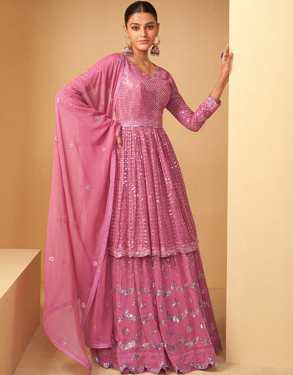 Baby Pink Lehenga style Suit Semi-Stitched Suits Salwar Kameez in Embroidery, Sequins, Foil Mirror & Lace Work