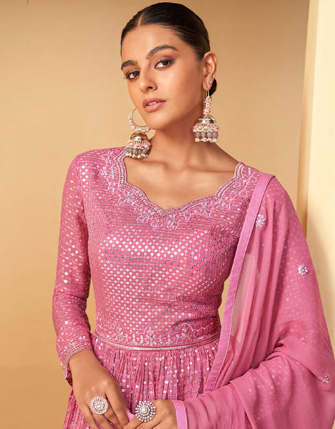 Baby Pink Lehenga style Suit Semi-Stitched Suits Salwar Kameez in Embroidery, Sequins, Foil Mirror & Lace Work Closure View