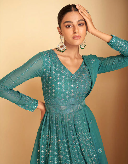 Sky Blue Lehenga style Suit Semi-Stitched Suits Salwar Kameez in Embroidery, Sequins, Foil Mirror & Lace Work Closure View