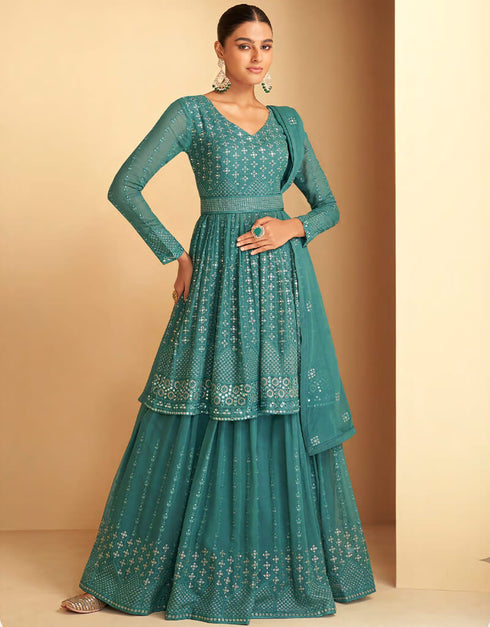 Sky Blue Lehenga style Suit Semi-Stitched Suits Salwar Kameez in Embroidery, Sequins, Foil Mirror & Lace Work