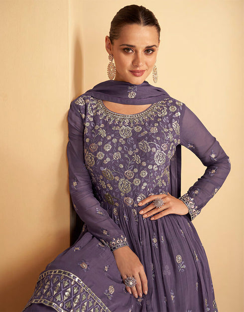 Light Purple Lehenga style Suit Semi-Stitched Suits Salwar Kameez in Embroidery, Sequins, Foil Mirror & Lace Work Closure View