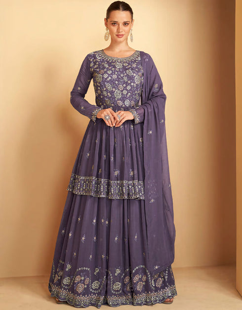 Light Purple Lehenga style Suit Semi-Stitched Suits Salwar Kameez in Embroidery, Sequins, Foil Mirror & Lace Work
