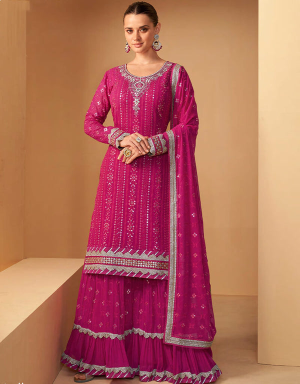 Pink Lehenga style Suit Semi-Stitched Suits Salwar Kameez in Embroidery, Sequins, Foil Mirror & Lace Work