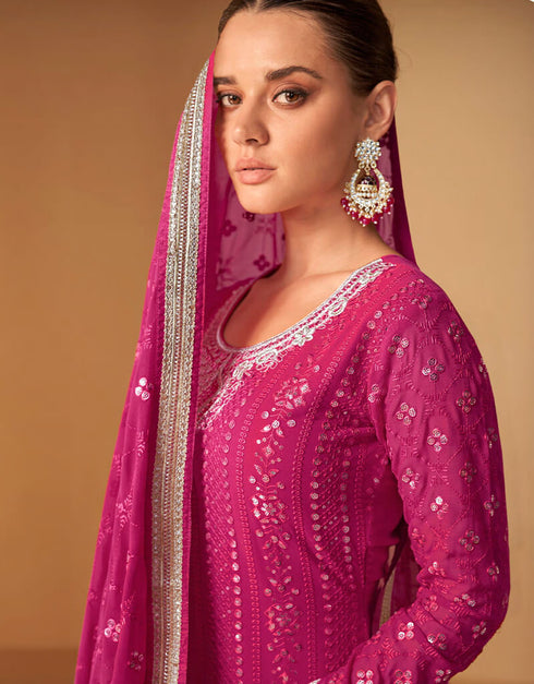 Pink Lehenga style Suit Semi-Stitched Suits Salwar Kameez in Embroidery, Sequins, Foil Mirror & Lace Work Closure View