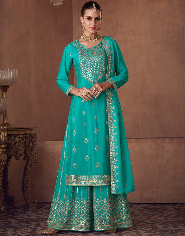 Aqua Blue Palazzo style Salwar Suit Designer Salwar Suit Salwar Kameez in Embroidery, Sequins & Lace Work