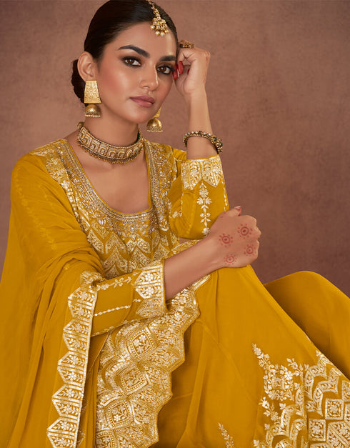 Yellow Palazzo style Salwar Suit Designer Salwar Suit Salwar Kameez in Embroidery, Sequins & Lace Work Closure View