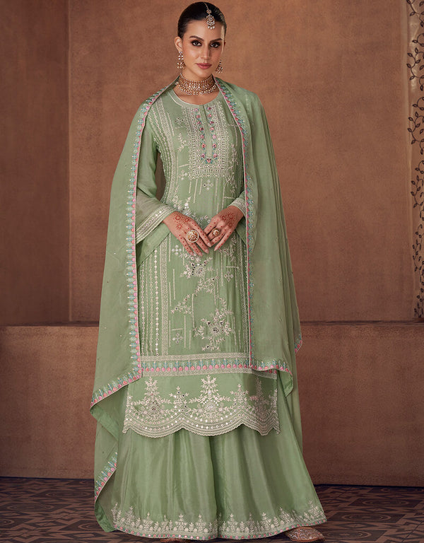 Mint Green Palazzo style Salwar Suit Designer Salwar Suit Salwar Kameez in Embroidery, Sequins & Lace Work
