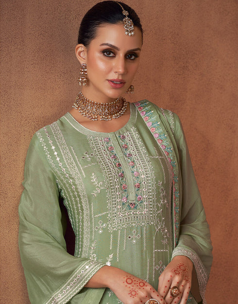 Mint Green Palazzo style Salwar Suit Designer Salwar Suit Salwar Kameez in Embroidery, Sequins & Lace Work Closure View